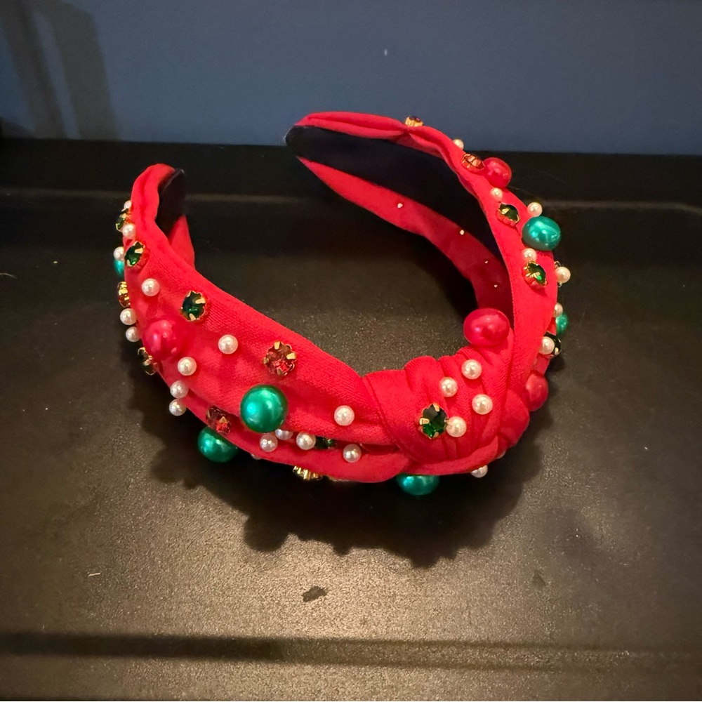 Embellished Red Knotted Headband with Pearls & Gems